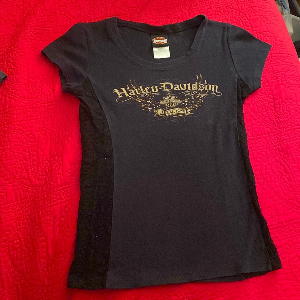 Medium black short sleeve Harley Davidson (HD) t shirt with lace side panels